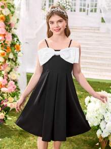 SHEIN Tween Girls' Elegant Pearls & Bow Decor A-Line Slip Dress, Casual Spring/Summer/Graduation - Black - View 1