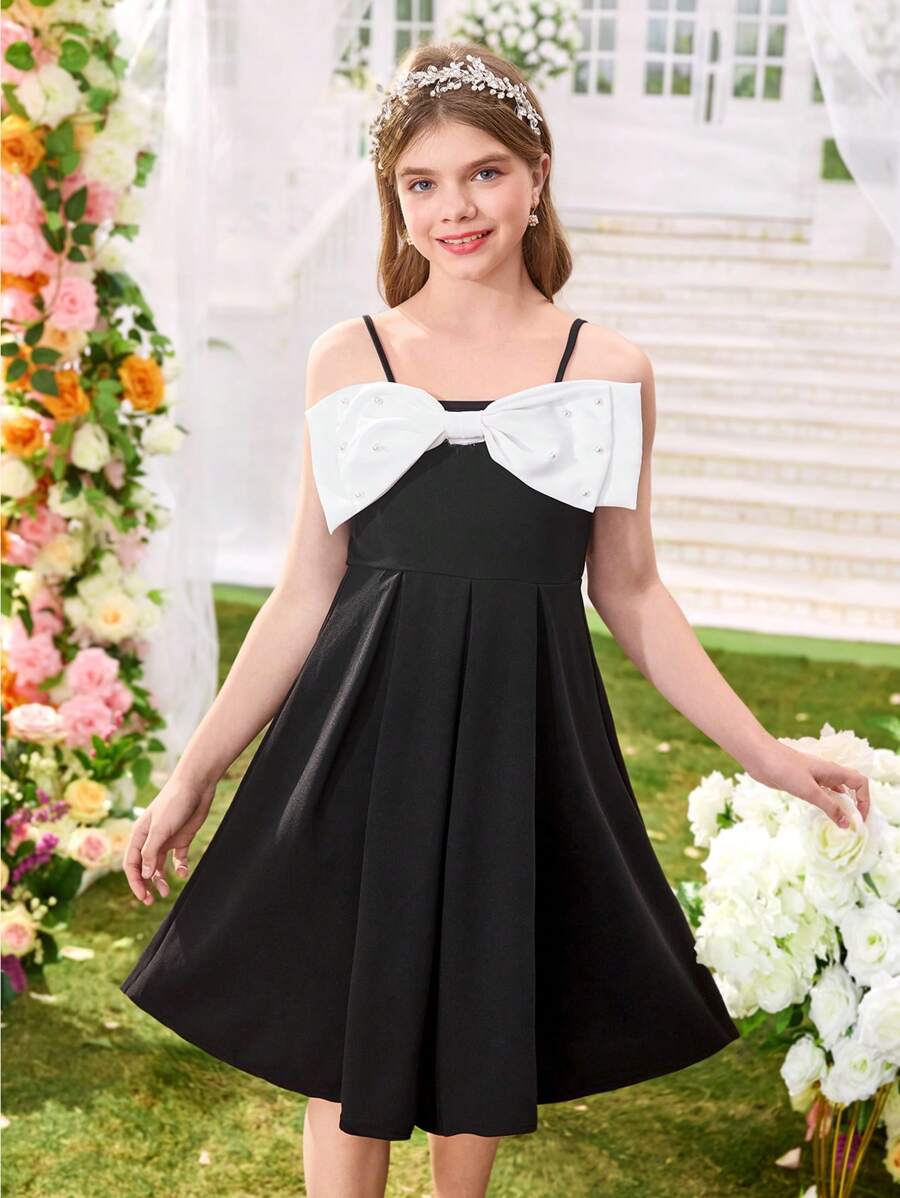 SHEIN Tween Girls' Elegant Pearls & Bow Decor A-Line Slip Dress, Casual Spring/Summer/Graduation - Black - View 1