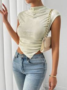 Chiquease Elegant High Neck Reflective Fabric Inverted Triangle Hem Short Sleeve T-Shirt