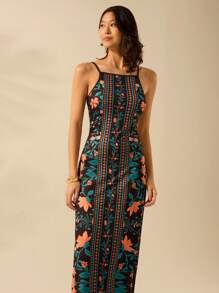CAJUNI 女式波西米亚风热带花卉植物印花休闲度假无袖黑色中长细肩带连衣裙 - 彩色 - 查看 4