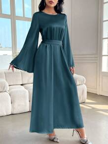 Al Najma Women's Elegant Solid Color Flare Sleeve Long Dress, Spring/Summer, Modest Elegant A Line Arabian Dresses, For Evening Party/Wedding Guest/Anniversary/Daily Wear