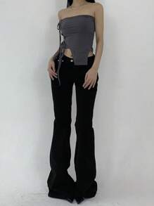 DAZY 大码女式宽松口袋喇叭牛仔裤，带保暖内衬，低腰牛仔裤 - 黑色 - 查看 2