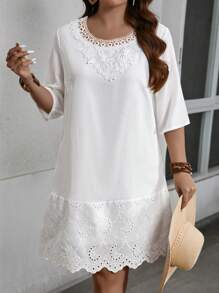 SHEIN LUNE Plus Size Women's Bamboo Fiber Fabric Splice Ruffle Hem Lining A-Line Dress, Summer - White - View 4