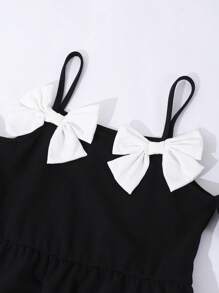 SHEIN Explorewe Tween 女童蝴蝶结露肩无袖泡泡袖优雅夏装 - 黑色 - 查看 3