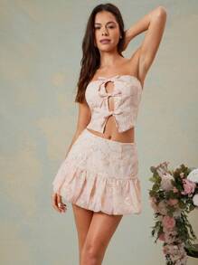 L'Amorae 优雅花卉提花泡泡下摆夏季迷你裙，女士夏季服装