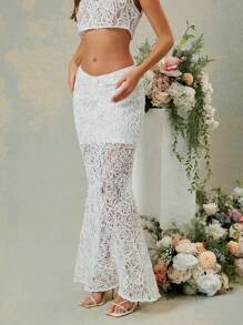 L'Amorae Front Ruched Lace Mini Skirt, Solid Color Minimalist Fashion Casual Everyday Wear - Apricot - View 4