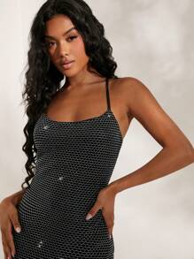 Opulessa 女士夏季度假海滩装波西米亚音乐节钩针纯色针织下摆流苏紧身吊带迷你连衣裙 - 黑色 - 查看 3