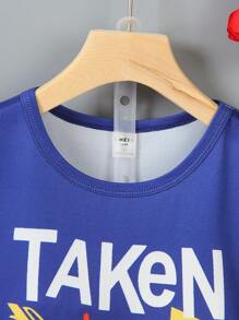 SHEIN Short Sleeve Letter Print Crew Neck T-Shirt, Summer - Blue - View 4