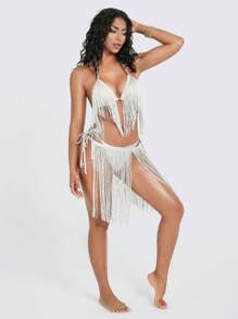 Swim EVENT Springbreak 新款女士纹理性感三件套比基尼套装：露背系带上衣、侧系带下装和流苏罩裙。欧洲和美国海滩装，适合音乐节、泳池和海滩度假、游泳派对 - 銀色 - 查看 7