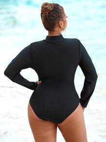 Plus Size Zipper Solid Color Long Sleeve Fitted Simple Stylish Casual Rash Guard For Summer Beach Vacation - Black - View 2