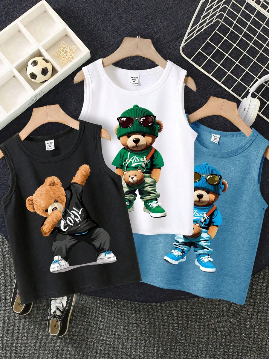 SHEIN Leap Crew 3pcs/Set Young Boy Casual Multiple Pack Tank Tops, Suitable For Summer, School, Campus, College - Multicolor - View 1