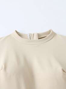 Swim Shayni 3pcs/Set Women Solid Color High Neck Long Sleeve Jumpsuit + Pants + Pleated Floral Beach Skirt For Modest Beach Vacation, Suitable For Spring Break, Boho Festival Arabic Clothing - Beige - View 6