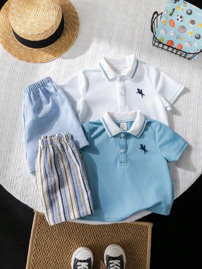Bộ 4 món đồ cho bé trai dễ thương, thường ngày, áo thun polo mùa hè và quần short kẻ sọc, thích hợp cho tiệc sinh nhật, đám cưới, tiệc chào đón em bé, lễ kỷ niệm