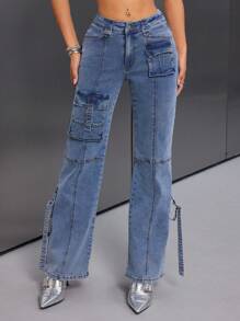 SHEIN ICON Women's Butt-Lifting Flare Jeans With Multiple Pockets - Blue - View 1