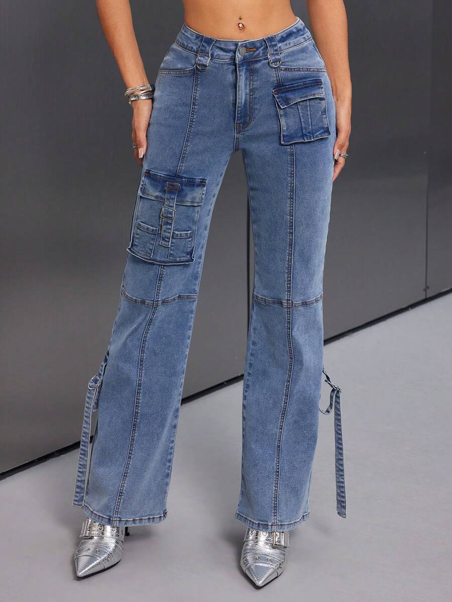 SHEIN ICON Women's Butt-Lifting Flare Jeans With Multiple Pockets - Blue - View 1