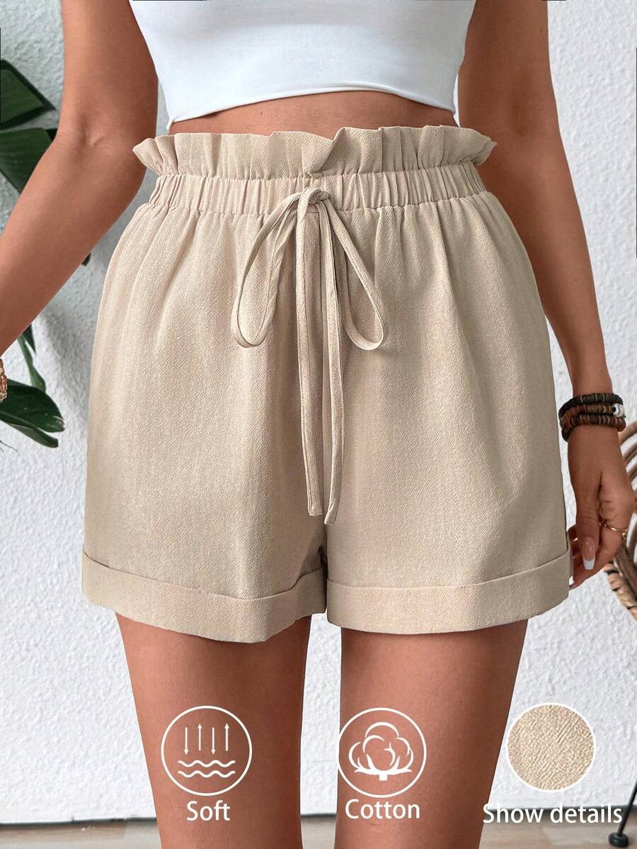 Breezaya Women's Solid Color Front Tie Pleated Casual Shorts - Khaki - View 1