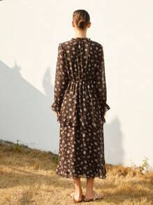 Aveloria Modichic Fashionable Ditsy Floral V-Neck Ruffled Waist Long Sleeve Dress With Elastic Cuffs, Brown Base With Pink Flowers
