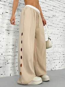 SHEIN EZwear Quần ống rộng cạp chun rút dây màu tương phản thường ngày cho nữ - Màu be - Xem 6
