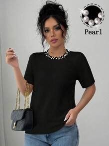 Selianne 女士圆领短袖 T 恤，配人造珍珠装饰拼布