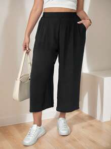 SHEIN Essnce 大码女装春夏时尚休闲宽松舒适日常基本款黑色松紧腰七分裤阔腿裤，女式下装，女式夏季服装，宽松裤 - 黑色 - 查看 5