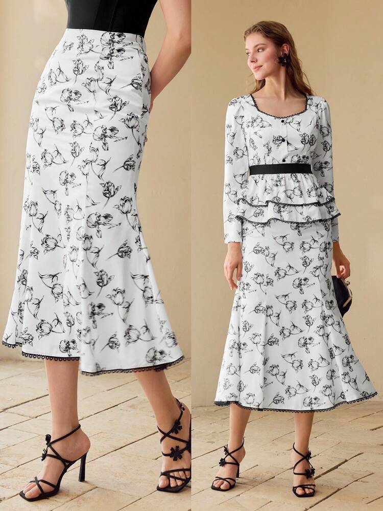 JUPE À VOLANT SIRÈNE IMPRIMÉ FLORAL