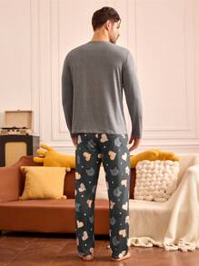 Men's Cat Print Long Sleeve Top And Pants Pajamas Set - Grey - View 2