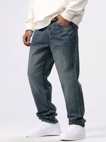 Manfinity Homme Men's Casual Straight Leg Distressed Jeans With Pockets - Medium Wash - View 5