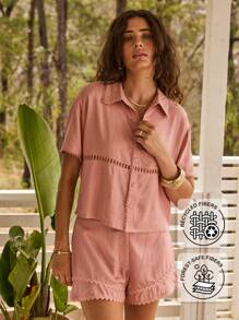 Aralina Summer Vacation Beach Resort Lace Insert Button Short