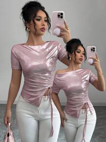 SHEIN Unity Women Off Shoulder Elastic Waist Gold Foil Short Sleeve Light-Colored T-Shirt - Pink - View 8