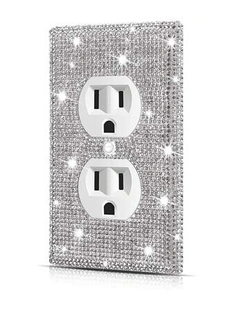 墙板插座盖，电源插座插头盖，标准尺寸 4.50 英寸 X 2.76 英寸，银色水钻闪亮装饰灯开关盖板，适用于卧室配件家居装饰