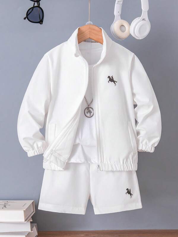 SHEIN 2 Stück einfaches, lässiges tägliches langärmeliges Jacken- und Shorts-Set für Kleine Jungen
