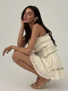 Aloruh 杏色度假短款吊带背心，搭配撞色饰边和同款迷你裙，适合春夏季 - 杏色 - 查看 7