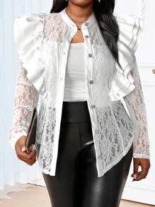 SHEIN Lady Elegante abrigo de mujer con parches de encaje negro y volantes, combinación de PU para primavera, verano, otoño e invierno