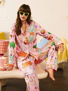 时尚全印花小狗图案女士睡衣套装 - 彩色 - 查看 5
