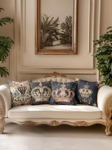 4pcs Plush Crown Pattern Pillow Covers, Soft Comfortable, Hot Selling, Home Decorative Cushion Covers For Sofa/Living Room/Bedroom, No Pillow Inserts Included