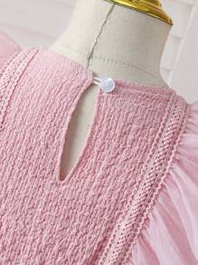 1 Stück Kleinkind Mädchen Mode elegantes, süßes, niedliches Rüschen Jacquard Mesh Puffärmel Kurzarm Pink Peplum Kleid, geeignet für Gastgeber, Aufführungen, Partys und weitere Anlässe - Pink - Übersicht 3