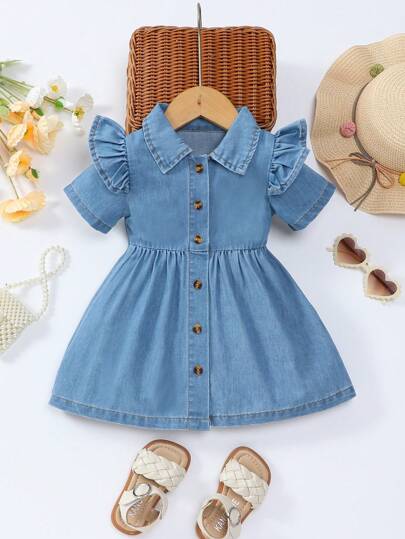 Baby & Baby Girl Casual Versatile Cute Ruffled Sleeve Comfortable Washed Denim Dress, Spring/Summer 2025 New Arrival, Suitable For Daily Wear