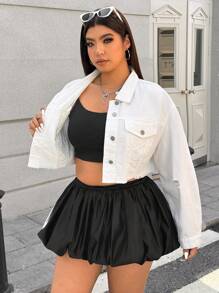 SHEIN ICON Plus Size Women Single-Breasted Fringe Hem Cropped Casual Denim Jacket, Long Sleeve