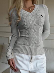 SHEIN EZwear 女式秋冬 V 领长袖修身骑士图案毛衣 - 灰色 - 查看 4