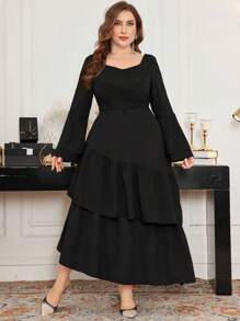Modelyn Plus Size Women Flounced Ruffled Flare Sleeve Elegant Dress, Spring/Summer - Black - View 3