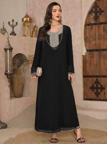 Al Najma Women's Spring/Summer 2 Pieces Set - Embroidered Turkish Maxi Dress & Arabic Traditional Dress, Modest Kaftan - Black - View 5