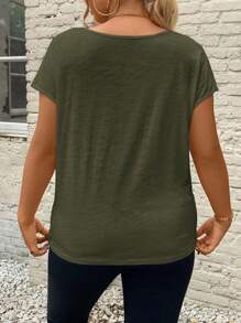 SHEIN Frenchy Summer Lace Splicing Vacation Plus Size V-Neck Tee With Cut-Out Details - Green - View 3