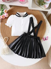 2pcs/Set Baby Girl Spring&Summer Preppy Style Short Sleeveless Casual Shirt&Imitate Leather Short Pleated Skirt - Black and White - View 3