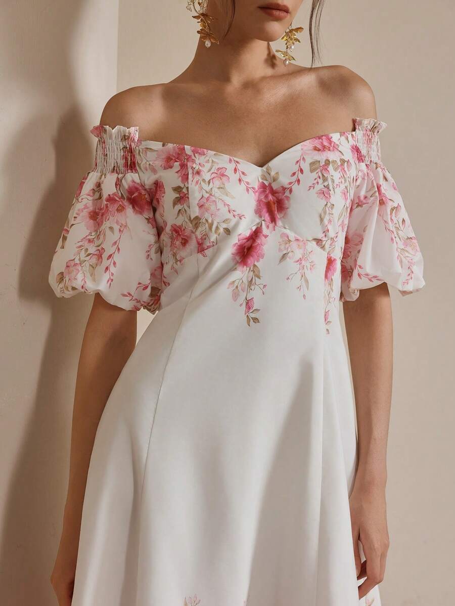 Anewsta Váy đi nghỉ mát thường ngày tay bồng dài lưng dài in họa tiết cho nữ, thanh lịch - Hồng - Xem 1