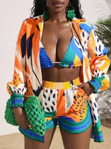 Slaydiva 女士三件套：无袖全印花短款上衣、短裤和衬衫休闲海滩风格 - 彩色 - 查看 1