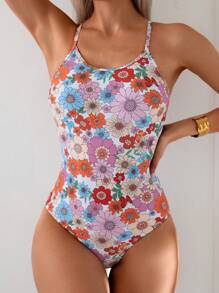 SHEIN Swim 1pc Women's Sweet And Adorable Colorful Daisy Print One Piece Swimsuit For Summer Beach Vacation - Multicolor - View 3