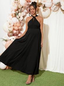 Loomaby Maternity Halter Dress, Gender Reveal Dress, For Baby Shower Party - Black - View 1