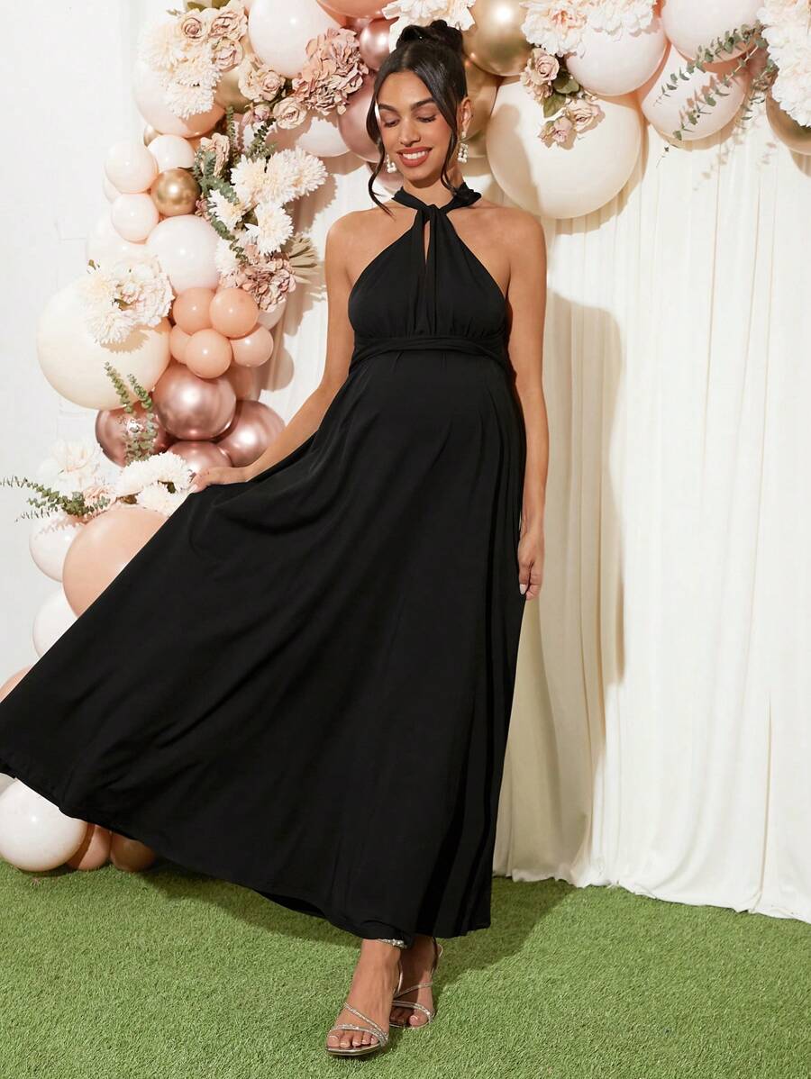 Loomaby Maternity Halter Dress, Gender Reveal Dress, For Baby Shower Party - Black - View 1