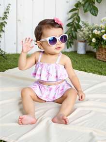 Newborn Baby Girl Cherry Bow Print Ruffle Trim Split Swimsuits With Headband - Pink - View 3