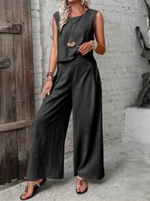 SHEIN LUNE Women's Simple Solid Color Sleeveless Vest And Long Pants Two-Piece Set - Black - View 4